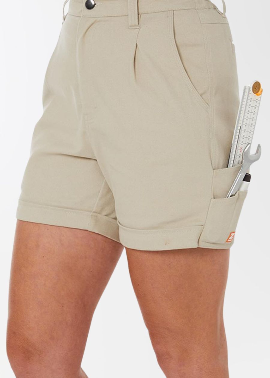 High-waisted women's work shorts in sandy colour with deep technical pockets
