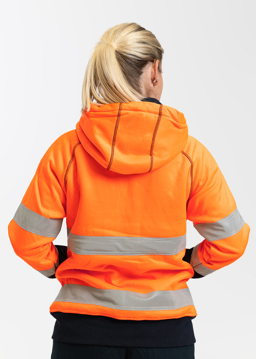 Bisley orange hi vis taped fleece zip front hoodie back view on a model