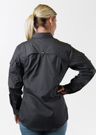 bisley x-airflow women's ripstop long sleeve shirt charcoal back view on a model