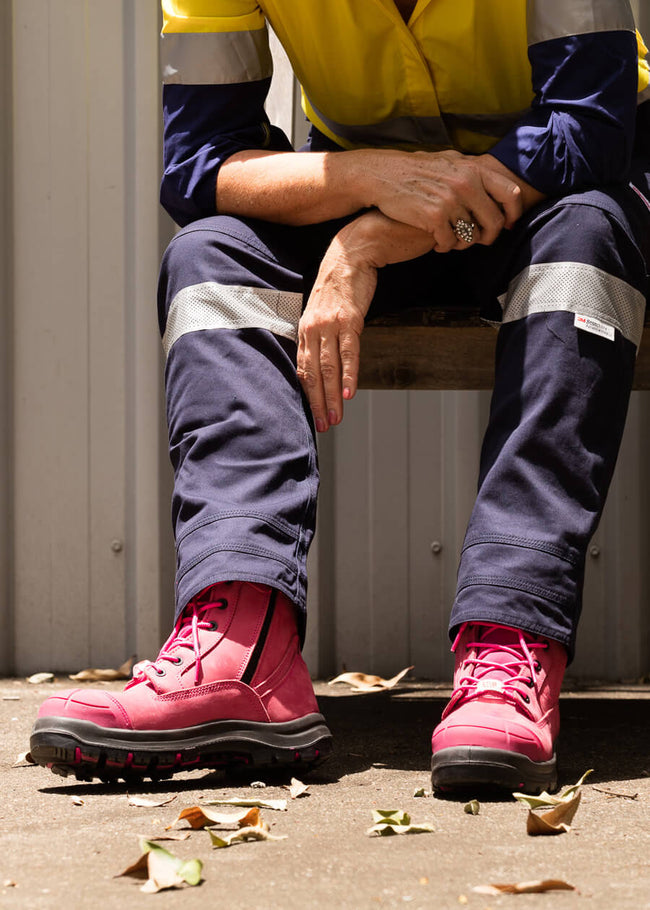 she wear women's safety work boots lace up pink