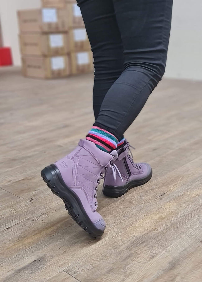 she wear women's safety boots lace up purple