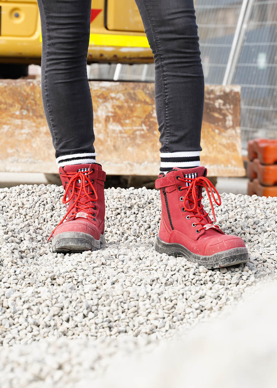 she wear women's safety boots lace up red