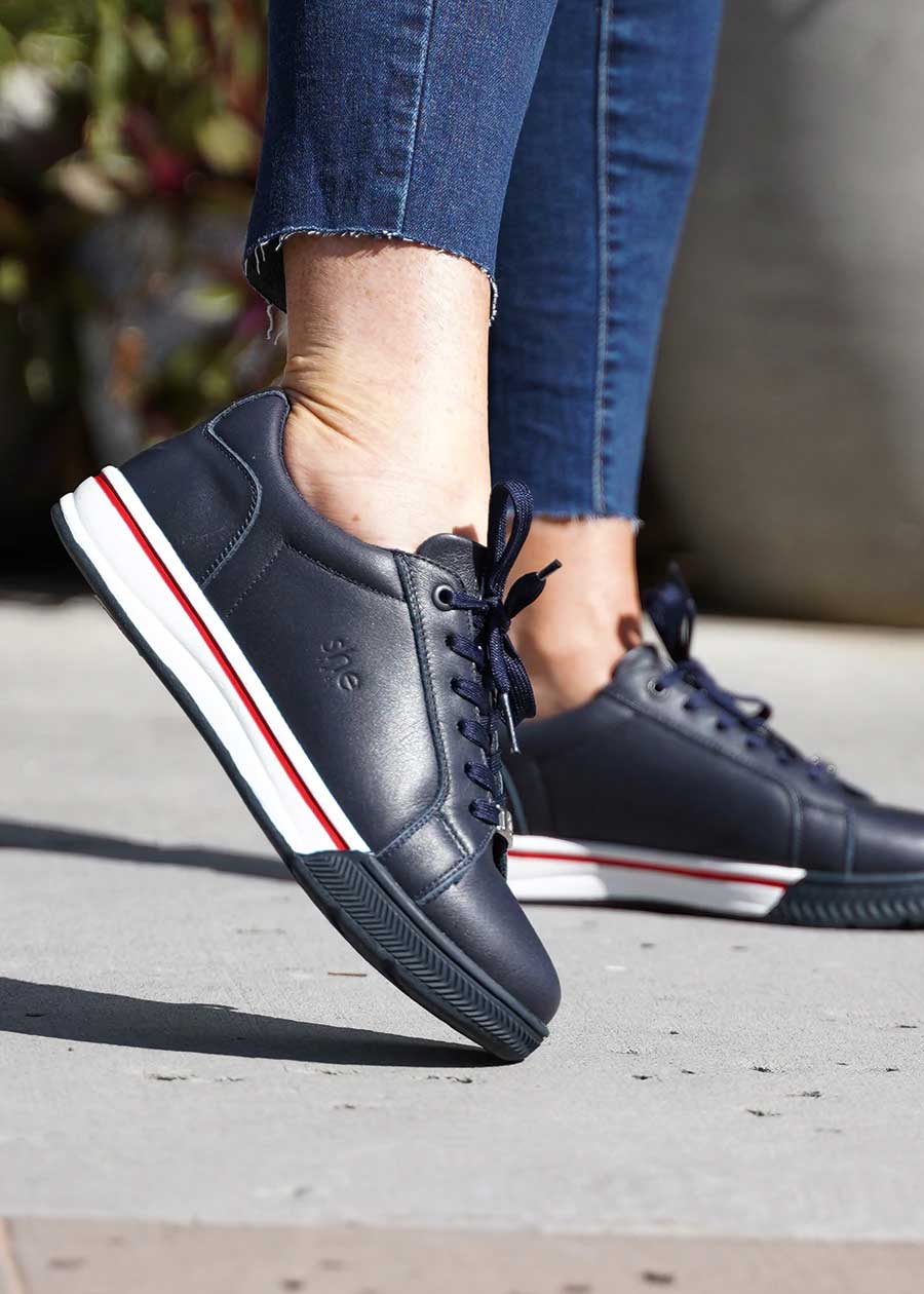 women's supportive work sneakers she wear navy leather