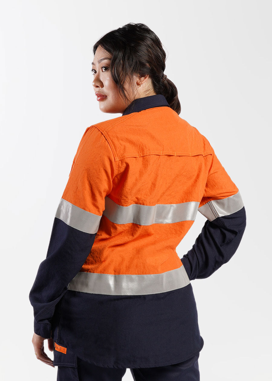 Ladies FR closed front spliced taped hi vis shirt - she wear