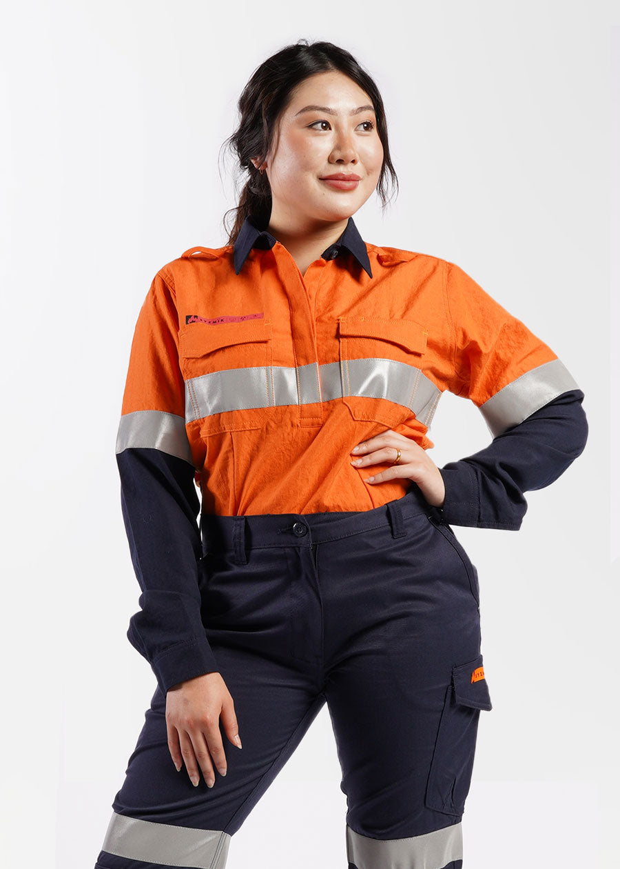Ladies FR closed front spliced taped hi vis shirt - she wear