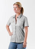 Syzmik women's grey short sleeve tradie shirt on a model
